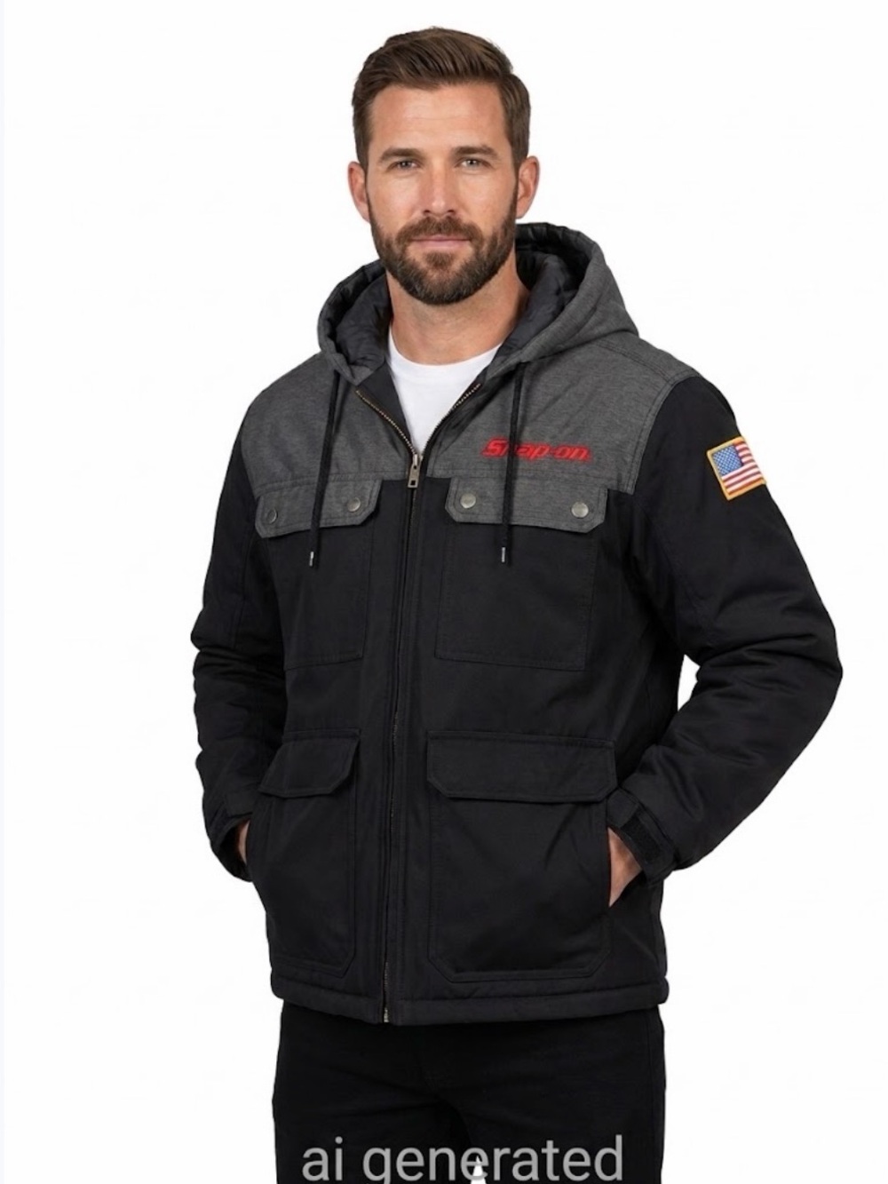 Snap On - Black Hooded Field Jacket with Red Logo and American Flag Patch